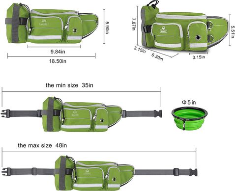 Поясна сумка Ainmhit Dog Treat Pouch for Training Green для вигулу собак із складною мискою і тримачем для пляшки