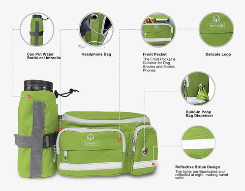 Поясная сумка Ainmhit Dog Treat Pouch for Training Green для выгула собак со складной миской и держателем для бутылки