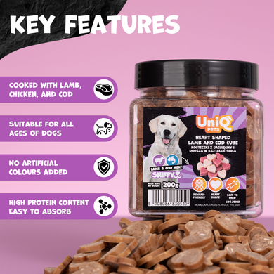 Ласощі для собак UNIQ PETS DOG SNACKS SNIFFY з ягнятиною і тріскою у формі сердечок UniQ PETS