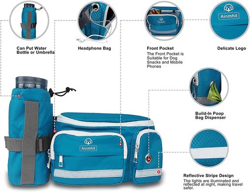 Поясная сумка Ainmhit Dog Treat Pouch for Training Blue для выгула собак со складной миской и держателем для бутылки