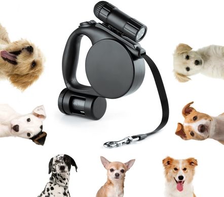 Поводок-рулетка MeasePet для собак до 20 кг с фонариком и пакетами