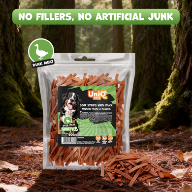 Ласощі для догляду за шкірою та шерстю собак UNIQ PETS DOG SNACKS SNIFFY з качкою у формі стріпсів UniQ PETS