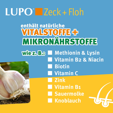 Харчова добавка для захисту від бліх та кліщів LUPO Zeck + Floh з часником та вітамінами групи В Luposan