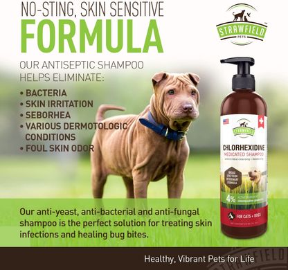 Лікувальний шампунь для собак и котів Strawfield Pets Chlorhexidine Shampoo