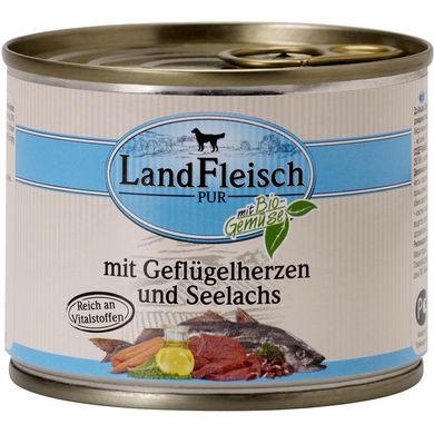 LandFleisch консервы для собак с птичьим сердцем, сайрой и свежими овощами LandFleisch
