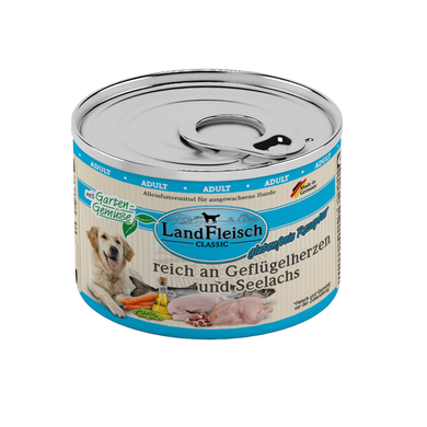 LandFleisch консервы для собак с птичьим сердцем, сайрой и свежими овощами LandFleisch