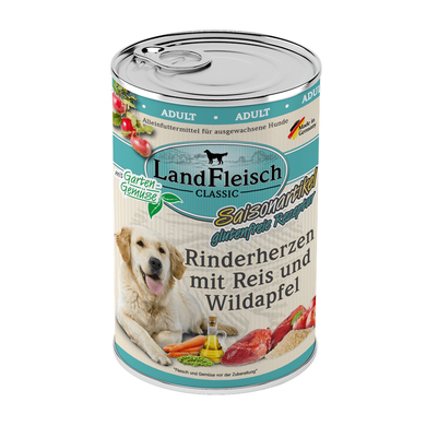 LandFleisch консервы для собак с говяжьим сердцем, рисом, диким яблоком и свежими овощами LandFleisch