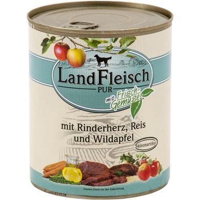 LandFleisch консервы для собак с говяжьим сердцем, рисом, диким яблоком и свежими овощами LandFleisch