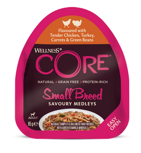 (срок до 12.2024) Влажный корм для собак мелких пород Wellness CORE Small Breed Savoury Medleys Flavoured with Tender Chicken, Turkey, Carrots & Green Beans Wellness CORE