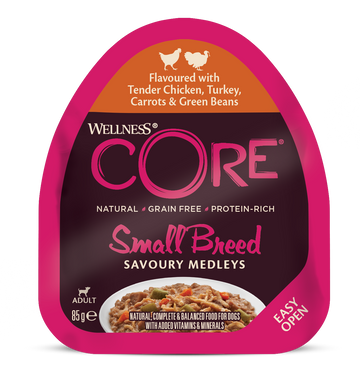 (срок до 12.2024) Влажный корм для собак мелких пород Wellness CORE Small Breed Savoury Medleys Flavoured with Tender Chicken, Turkey, Carrots & Green Beans Wellness CORE