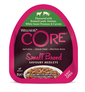 (срок до 12.2024) Влажный корм для собак мелких пород Wellness CORE Small Breed Savoury Medleys Flavoured with Braised Lamb, Venison, White Sweet Potatoes & Carrots Wellness CORE