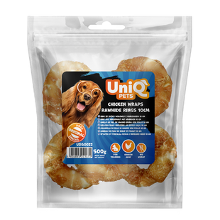 Ласощі для собак UniQ PETS Курка на кільцях з сиром'ятної шкіри 10см 500 г UniQ PETS