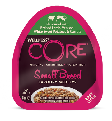 (термін до 12.2024) Вологий корм для собак дрібних порід Wellness CORE Small Breed Savoury Medleys Flavoured with Braised Lamb, Venison, White Sweet Potatoes & Carrots Wellness CORE